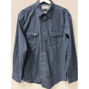 Wrangler Wrancher Western Shirt Mens L Blue Paisley Print Long‎ Sleeve Button Up